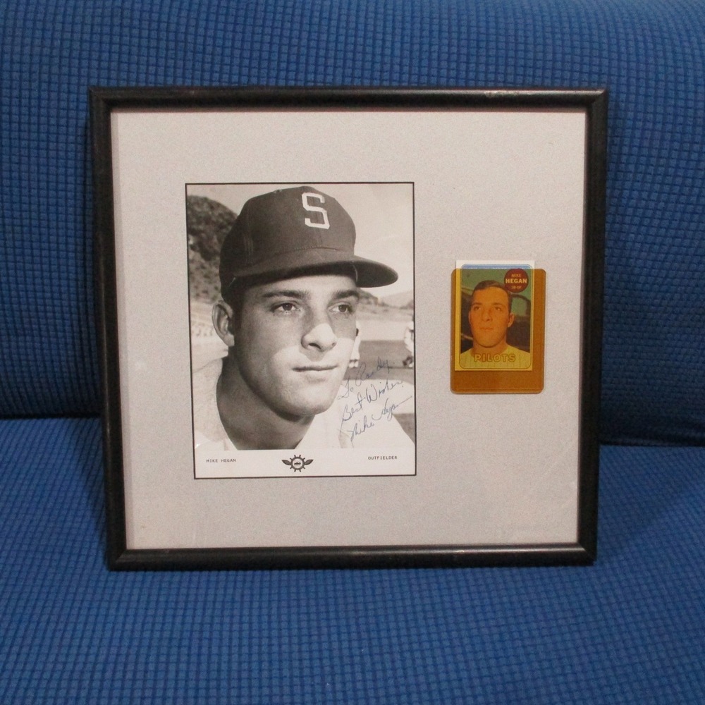 Mike Hegan Autographed Seattle Pilots Photo & 1969 Topps Card Framed Display